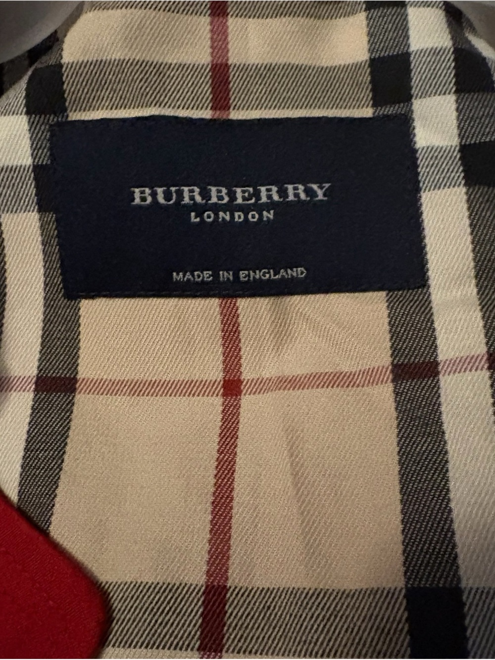 Burberry London Women’s Beige Check Rain Coat with Red and Black Accents